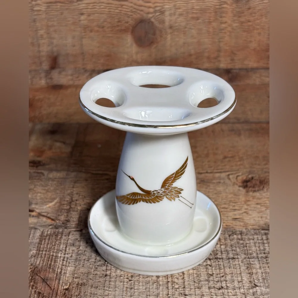 Vintage Takahashi Gold Hand Decorated Cranes Soap Dish Water Cup Toothbrush